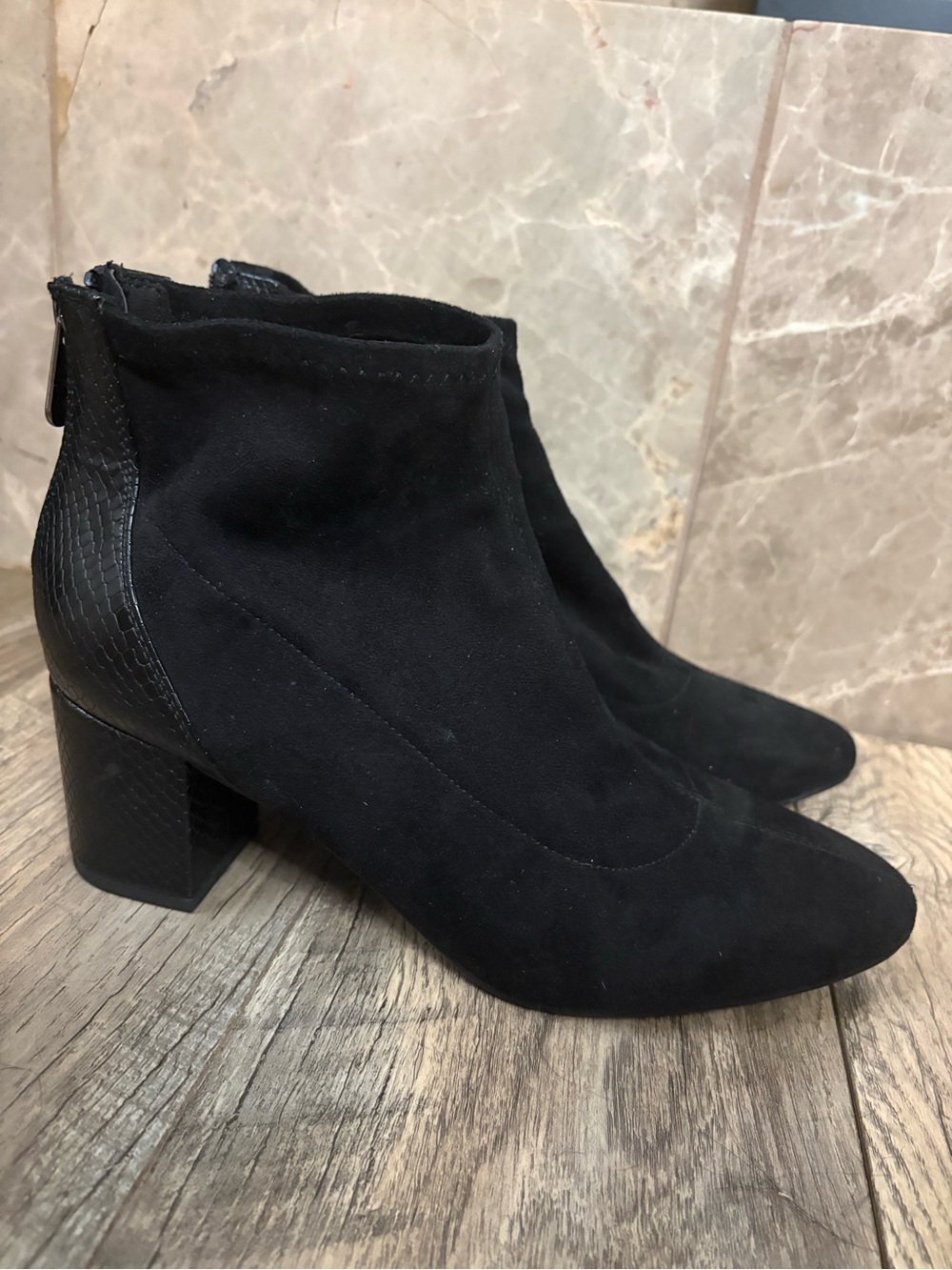 Bandolino Black Suede Ankle Boots with Textured Block Heel - Picture 3 of 8